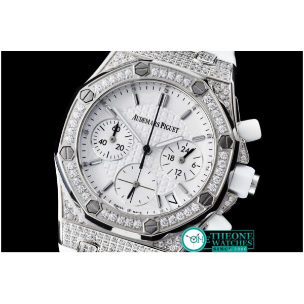 Audemars Piguet - Royal Oak Ladies Chrono SS/RU Wht Stk Diam Bez VK64