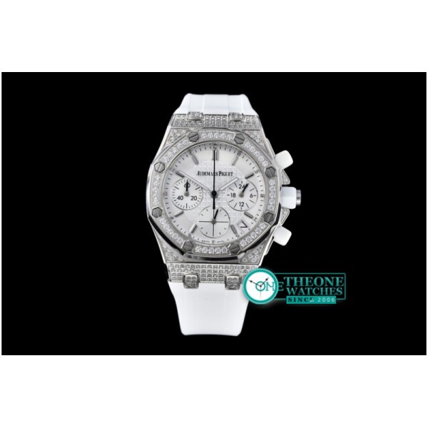 Audemars Piguet - Royal Oak Ladies Chrono SS/RU Wht Stk Diam Bez VK64