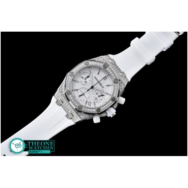 Audemars Piguet - Royal Oak Ladies Chrono SS/RU Wht Stk Diam Bez VK64