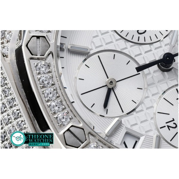 Audemars Piguet - Royal Oak Ladies Chrono SS/RU Wht Stk Diam Bez VK64