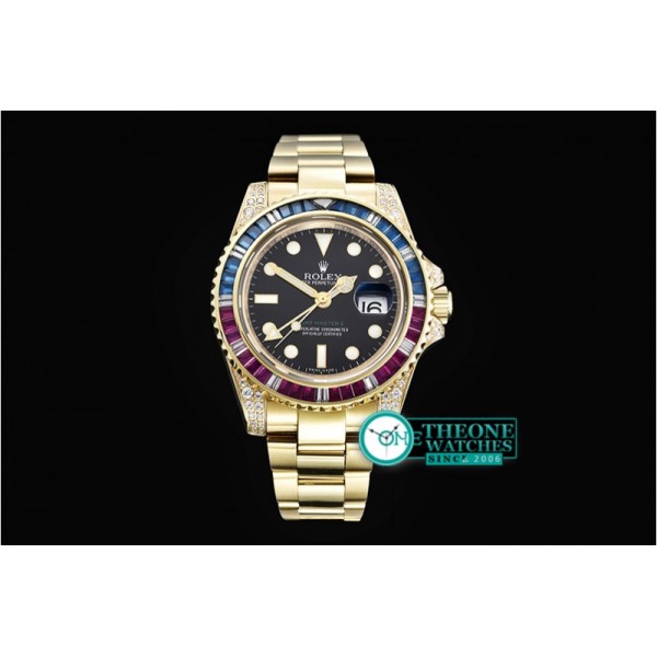 Rolex - GMT II Red/Blue Rubies YG/YG Blk BP A3186 Mod