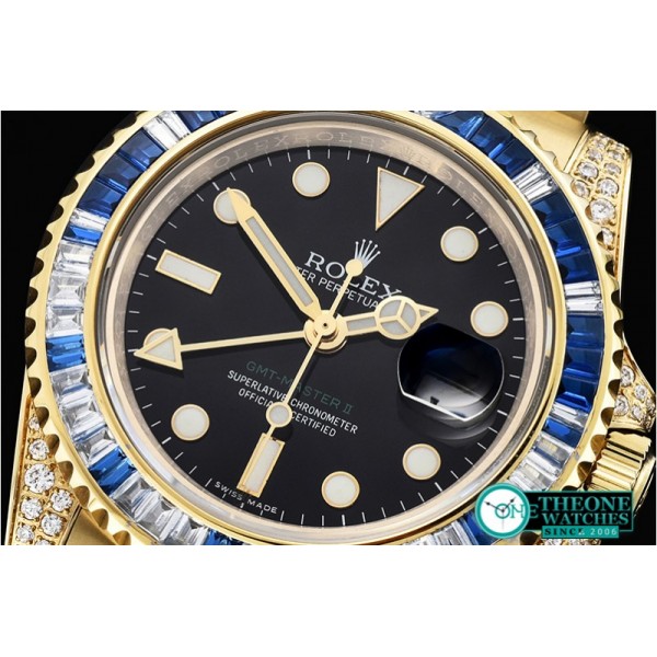 Rolex - GMT II Blue/Wht Rubies YG/YG Blk BP A3186 Mod