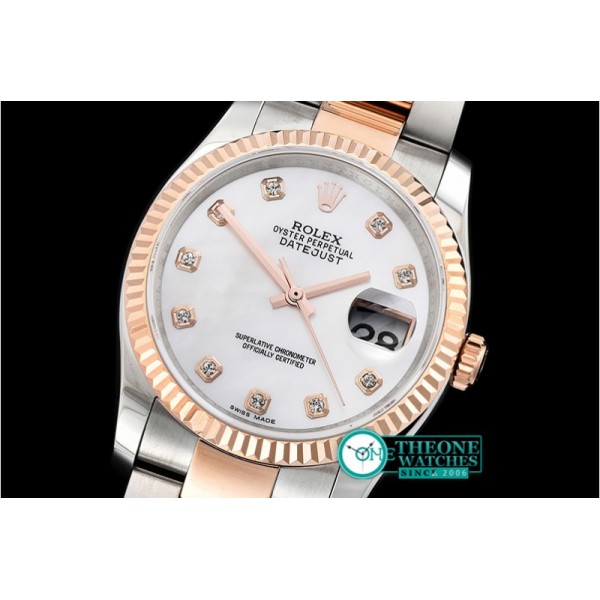 Rolex - DJ 36mm Oyst Flt RG/SS White MOP Diams BP A3135 Mod