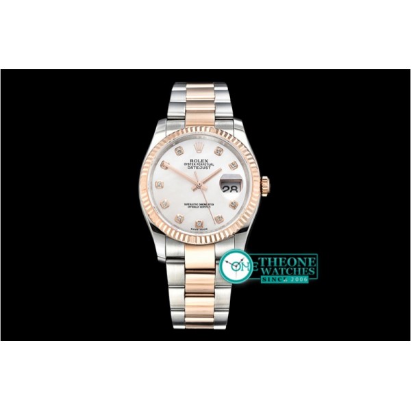 Rolex - DJ 36mm Oyst Flt RG/SS White MOP Diams BP A3135 Mod