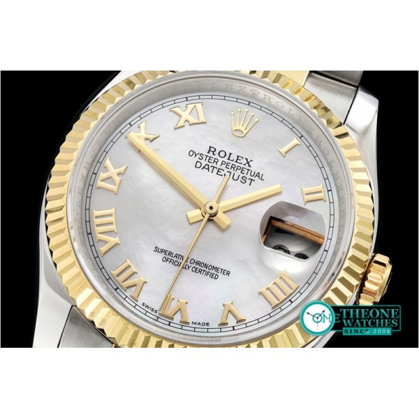 Rolex - DJ 36mm Oyst Flt YG/SS White MOP Roman BP A3135 Mod