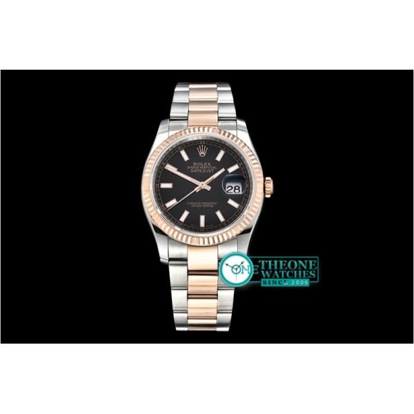 Rolex - DJ 36mm Oyst Flt RG/SS Black Thick Lume BP A3135 Mod