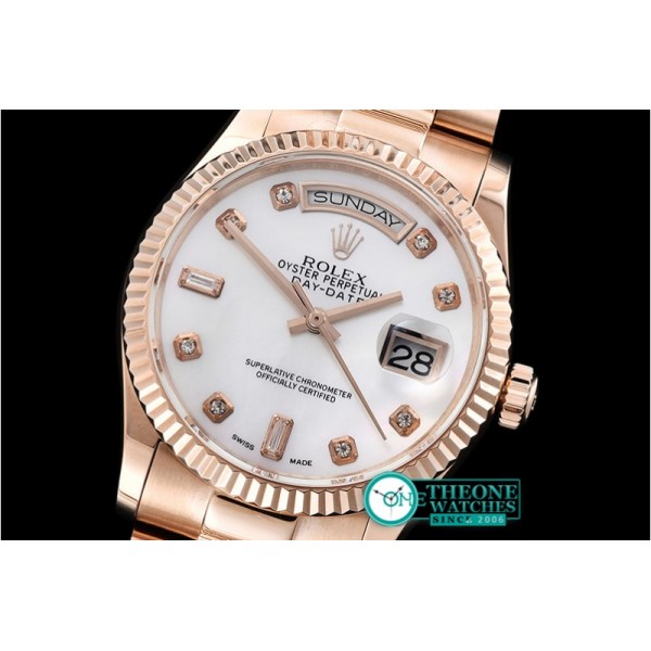 Rolex - DayDate 36mm Flt RG/RG Wrap Wht MOP Diam BP Swiss 2836