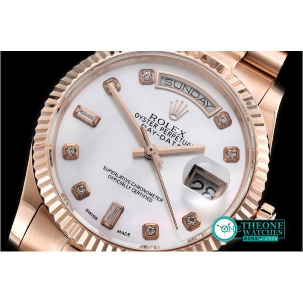 Rolex - DayDate 36mm Flt RG/RG Wrap Wht MOP Diam BP Swiss 2836