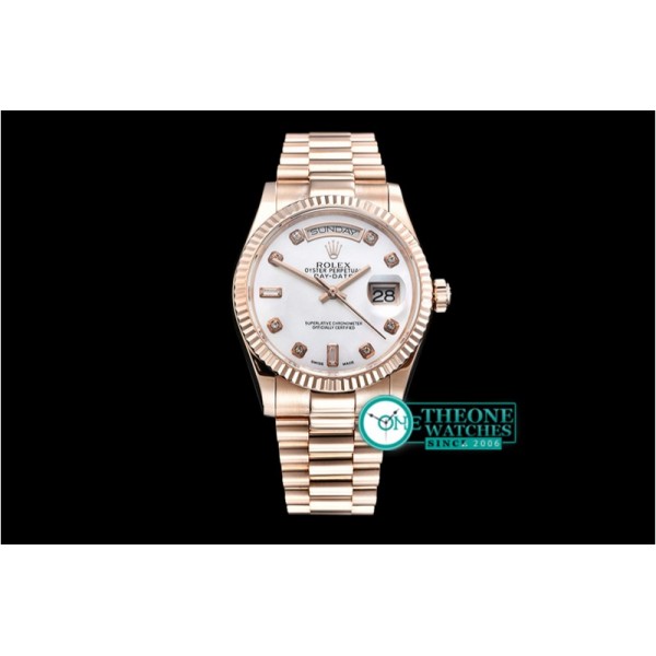 Rolex - DayDate 36mm Flt RG/RG Wrap Wht MOP Diam BP Swiss 2836