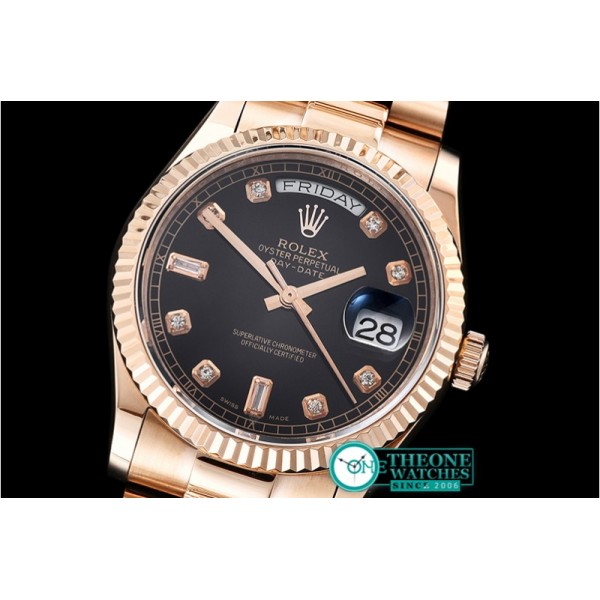 Rolex - DayDate 36mm Flt RG/RG Black Diam BP Swiss 2836