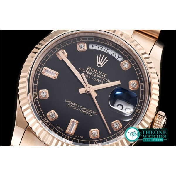 Rolex - DayDate 36mm Flt RG/RG Black Diam BP Swiss 2836