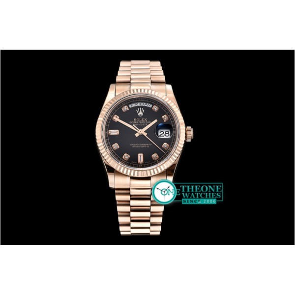 Rolex - DayDate 36mm Flt RG/RG Black Diam BP Swiss 2836