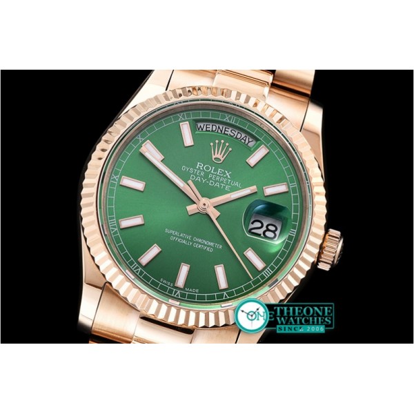 Rolex - DayDate 36mm Flt RG/RG Green Thick Stk BP Swiss 2836