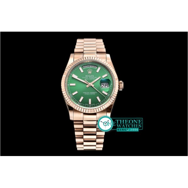 Rolex - DayDate 36mm Flt RG/RG Green Thick Stk BP Swiss 2836