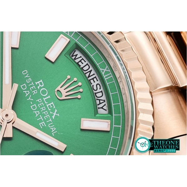 Rolex - DayDate 36mm Flt RG/RG Green Thick Stk BP Swiss 2836