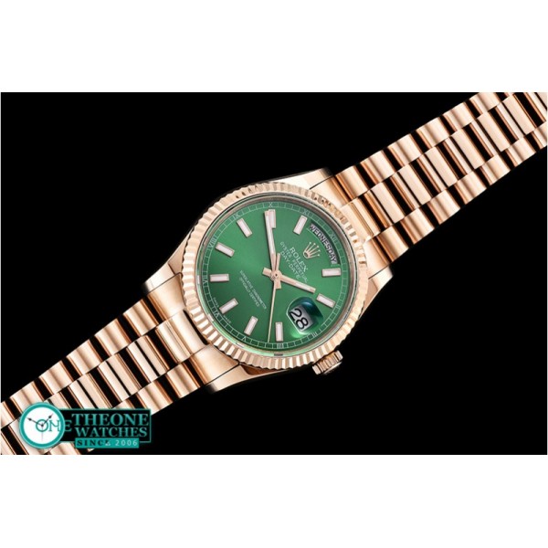 Rolex - DayDate 36mm Flt RG/RG Green Thick Stk BP Swiss 2836