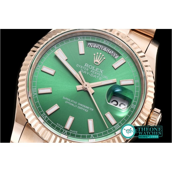 Rolex - DayDate 36mm Flt RG/RG Green Thick Stk BP Swiss 2836