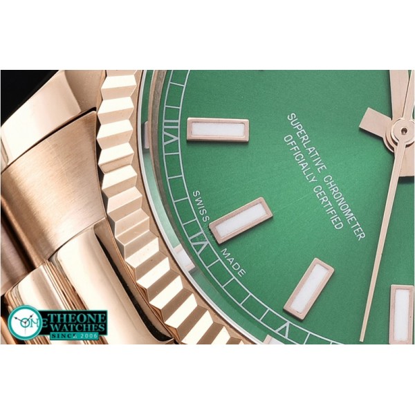 Rolex - DayDate 36mm Flt RG/RG Green Thick Stk BP Swiss 2836