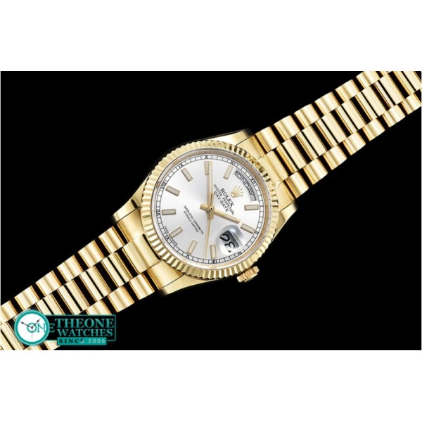 Rolex - DayDate 36mm Flt YG/YG Silver Wht Diam BP Swiss 2836