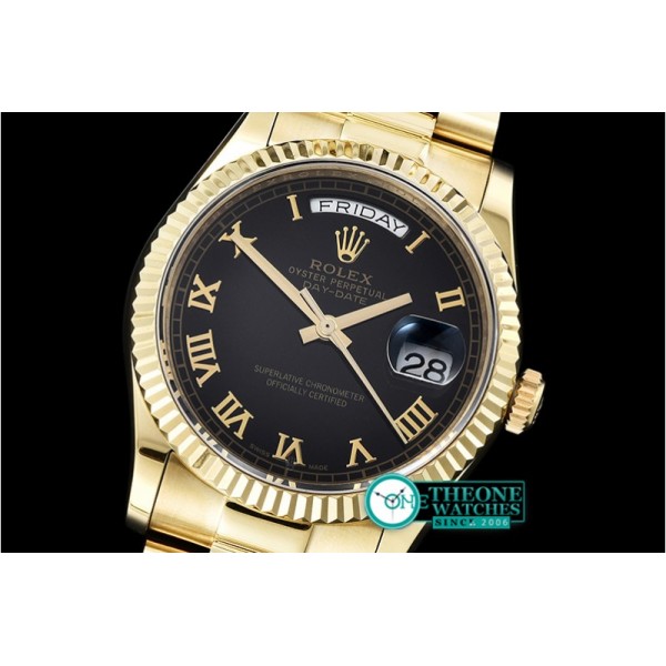 Rolex - DayDate 36mm Flt YG/YG Black Roman Num BP Swiss 2836