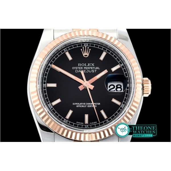 Rolex - DJ 36mm Jul Flt 904L RG/SS Blk/Stk ARF A3135 Mod